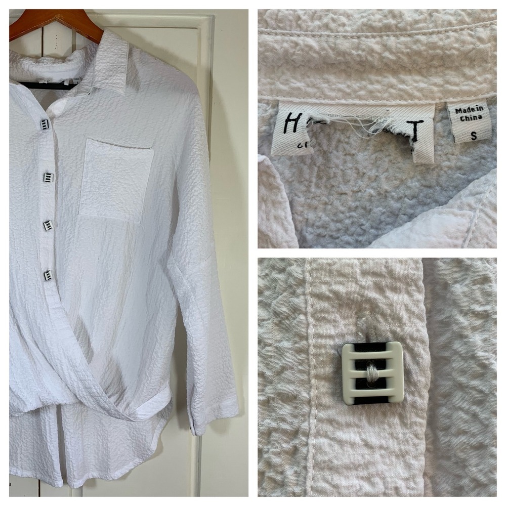 White Crinkle Button Down Top Blouse with Twist Front & Pocket - Size Small